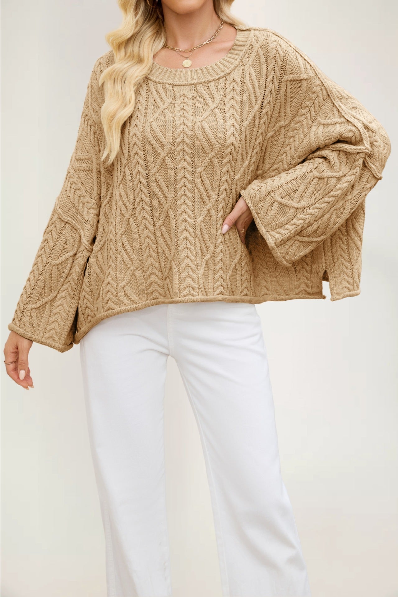 2 O-neck Short Cable Loose-fitting Solid Color Sweater
