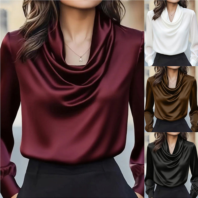 Women's Elegant Draped Neck Blouse, Solid Color Ruffle Detail Long Sleeve Shirt For Office And Formal Wear