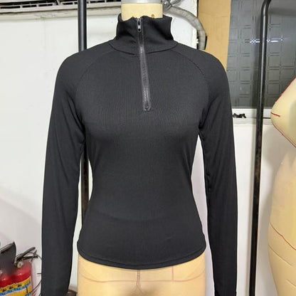 Women's Solid Color Ribbed Turtleneck Top, Half-Zip Long Sleeve Knit Shirt For Autumn