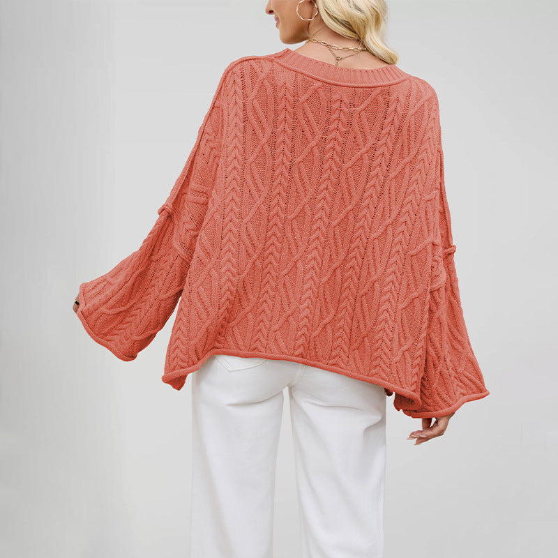 2 O-neck Short Cable Loose-fitting Solid Color Sweater